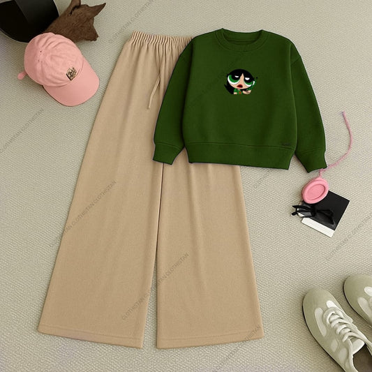 Green Butter Cup Printed Sweatshirt & Wide-Leg Sweatpants Pack of Two