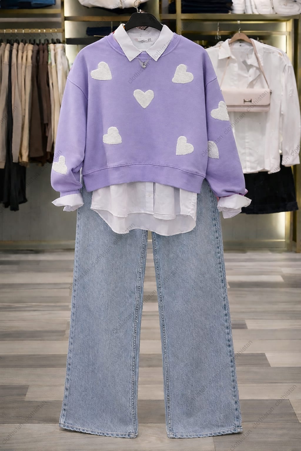 White Filled Heart All Over Sweatshirt, White Button-Down Shirt & Blue Wide-Leg Jeans Pack of Three