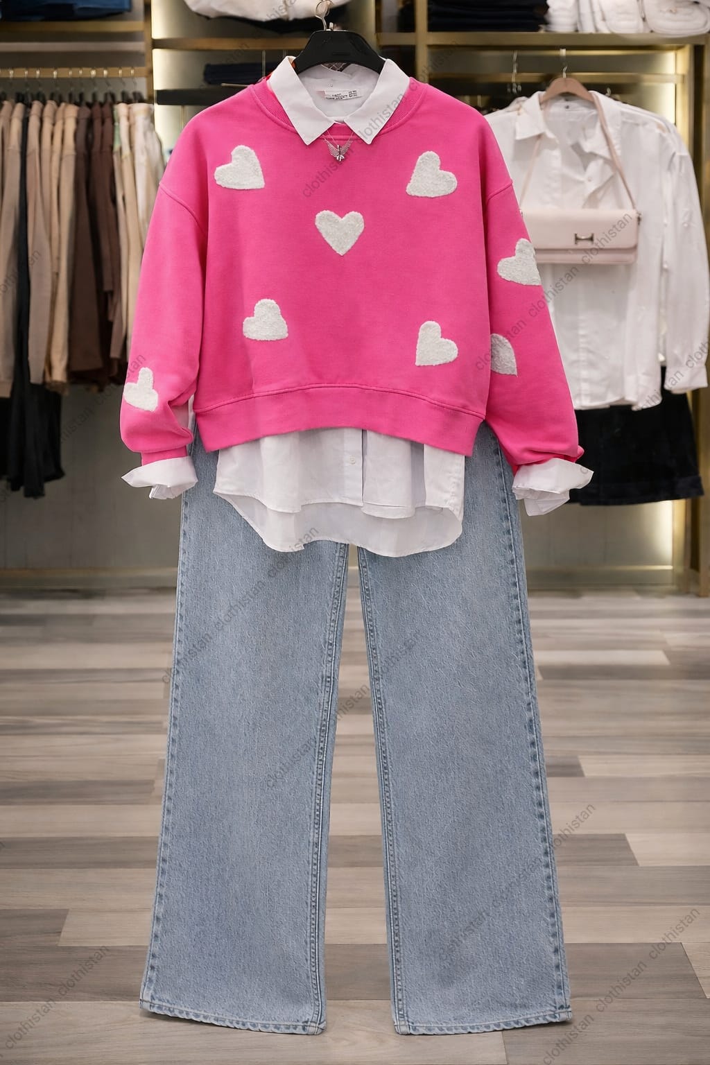 White Filled Heart All Over Sweatshirt, White Button-Down Shirt & Blue Wide-Leg Jeans Pack of Three