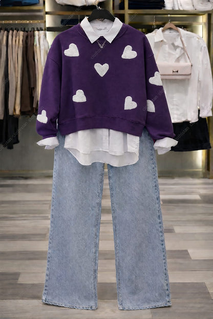 White Filled Heart All Over Sweatshirt, White Button-Down Shirt & Blue Wide-Leg Jeans Pack of Three