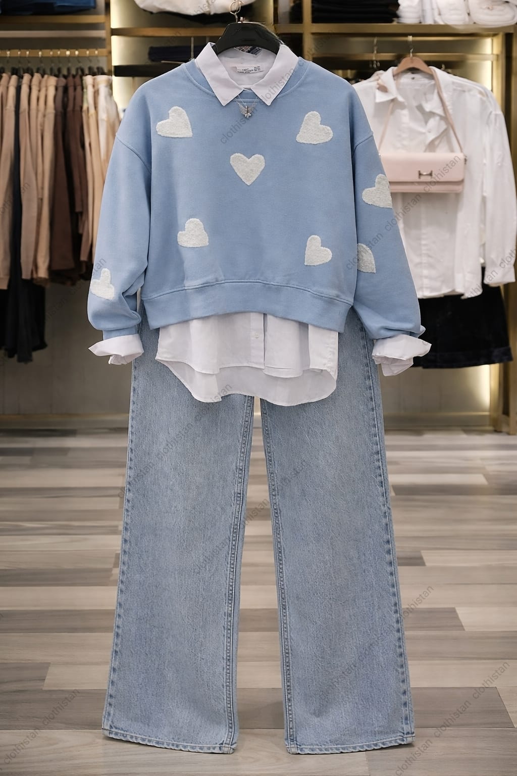 White Filled Heart All Over Sweatshirt, White Button-Down Shirt & Blue Wide-Leg Jeans Pack of Three