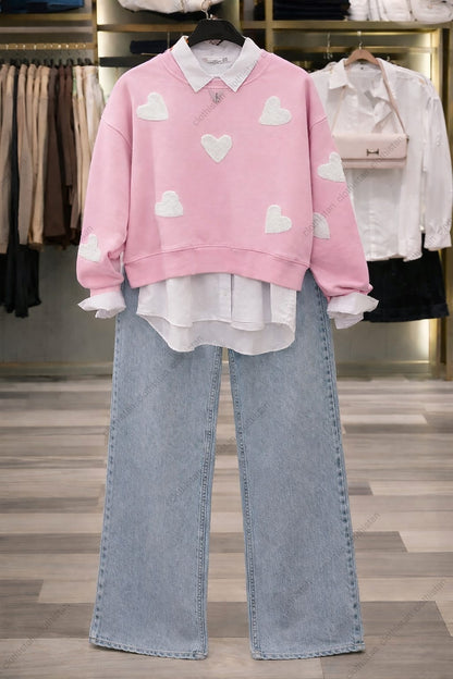 White Filled Heart All Over Sweatshirt, White Button-Down Shirt & Blue Wide-Leg Jeans Pack of Three