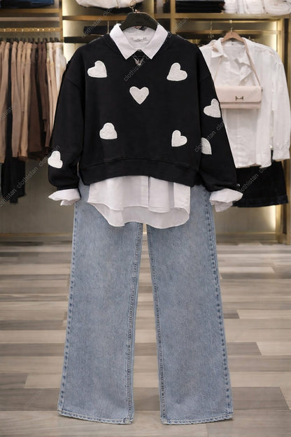 White Filled Heart All Over Sweatshirt, White Button-Down Shirt & Blue Wide-Leg Jeans Pack of Three