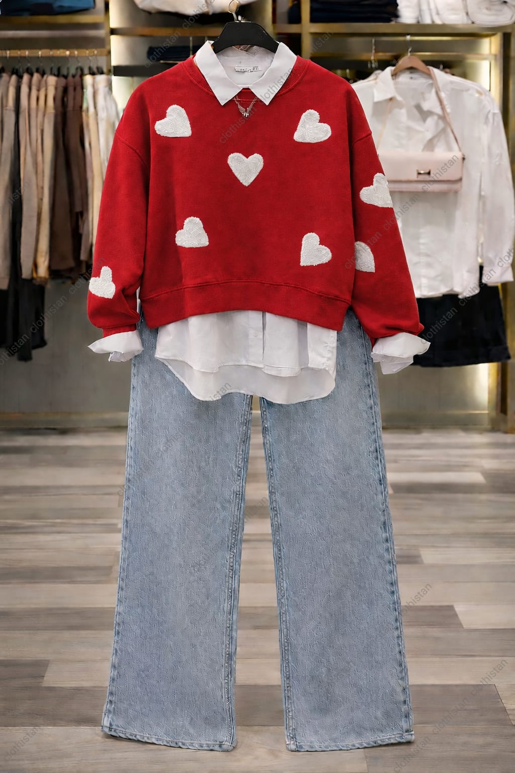 White Filled Heart All Over Sweatshirt, White Button-Down Shirt & Blue Wide-Leg Jeans Pack of Three