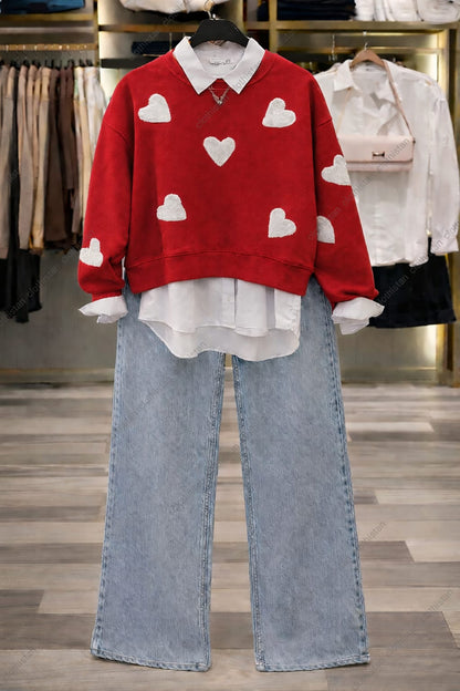 White Filled Heart All Over Sweatshirt, White Button-Down Shirt & Blue Wide-Leg Jeans Pack of Three