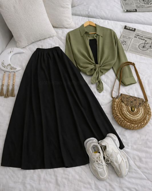 Button Down Shirt, Black Tank Top And Black Umbrella Skirt - Pack of Threes