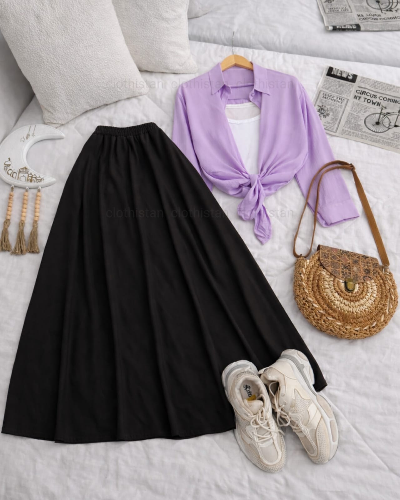 Button Down Shirt, White Tank Top And Black Umbrella Skirt - Pack of Threes