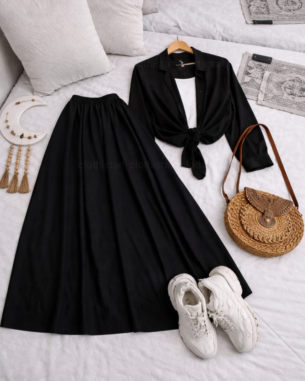 Button Down Shirt, White Tank Top And Black Umbrella Skirt - Pack of Threes