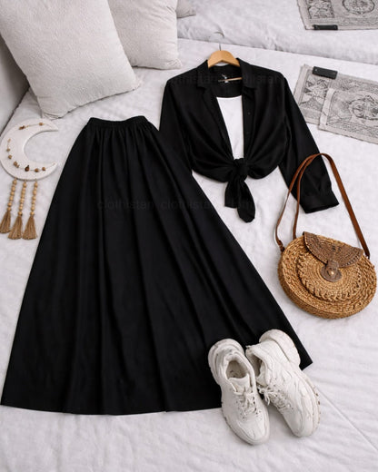 Button Down Shirt, White Tank Top And Black Umbrella Skirt - Pack of Threes