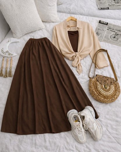 Button Down Shirt, Brown Tank Top And Brown Umbrella Skirt - Pack of Threes