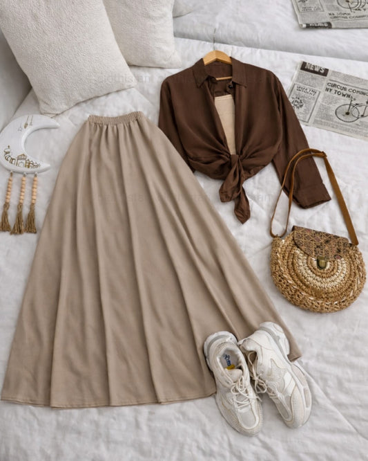 Button Down Shirt, Beige Tank Top And Beige Umbrella Skirt - Pack of Threes