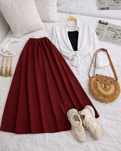 Button Down Shirt, Black Tank Top And Maroon Umbrella Skirt - Pack of Threes