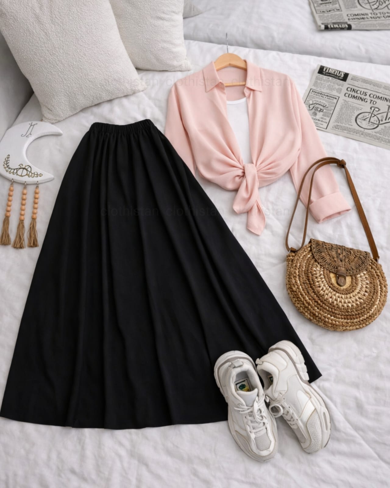 Button Down Shirt, White Tank Top And Black Umbrella Skirt - Pack of Threes