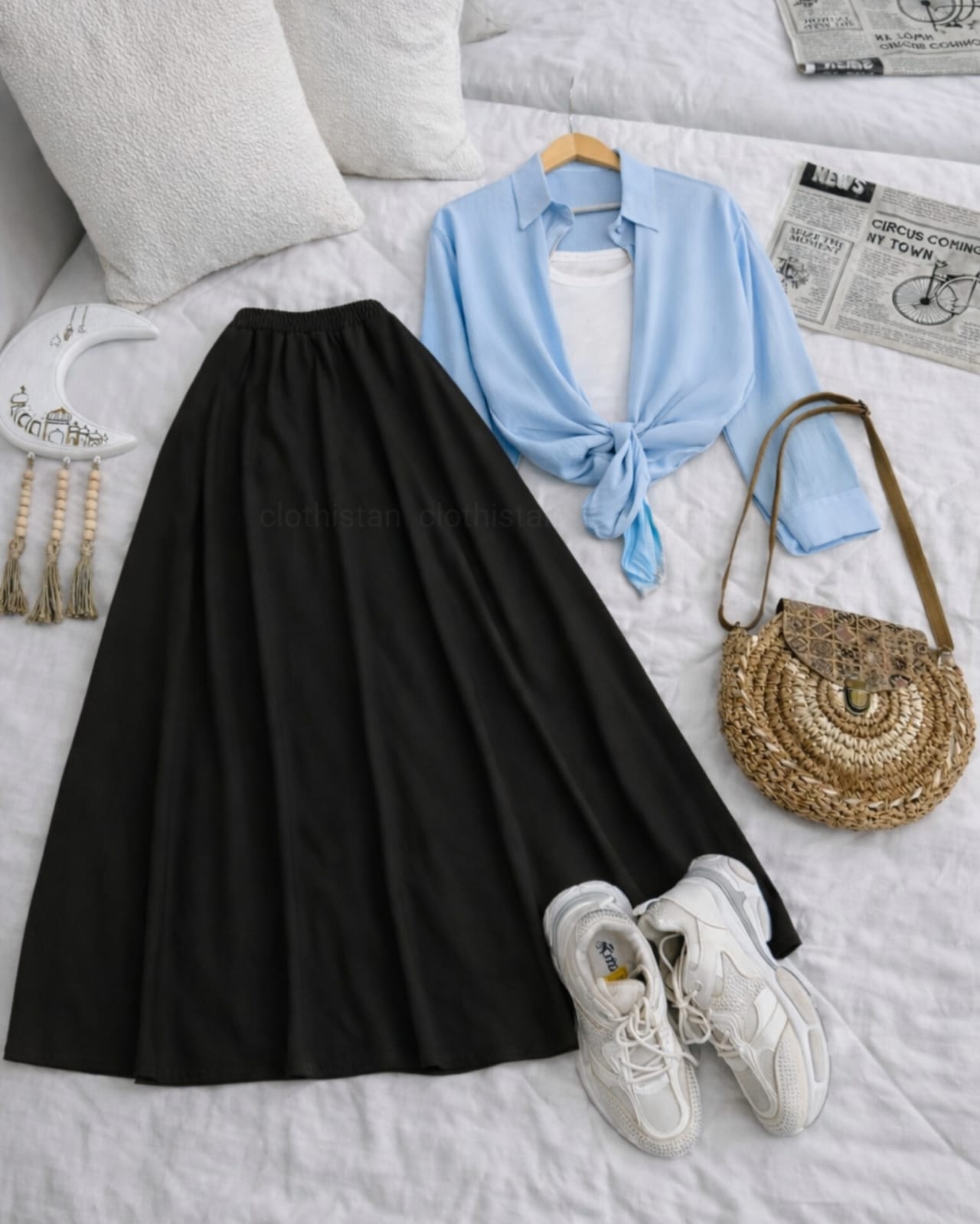 Button Down Shirt, White Tank Top And Black Umbrella Skirt - Pack of Threes