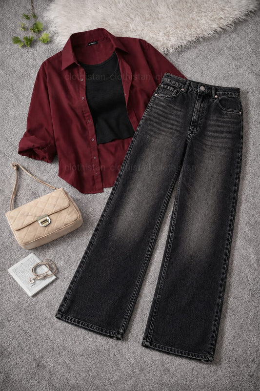Button-Down Shirt, Black Rib-Knitted Tank Top & Black Vintage Wide-Leg Jeans Pack of Three