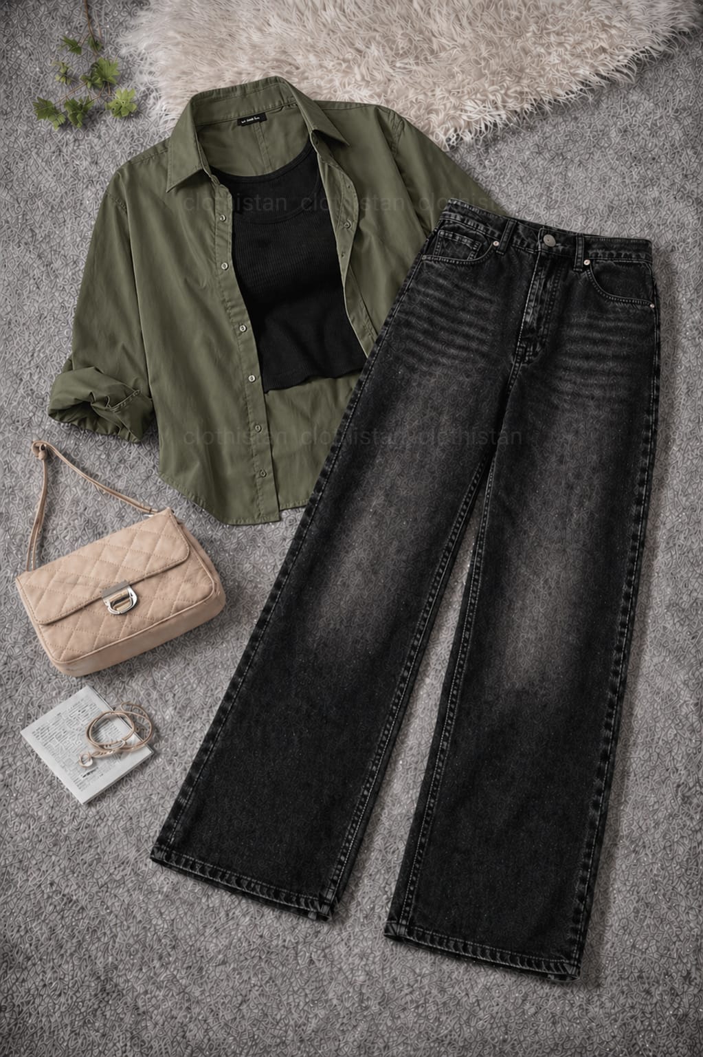 Button-Down Shirt, Black Rib-Knitted Tank Top & Black Vintage Wide-Leg Jeans Pack of Three