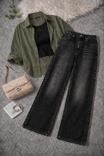Button-Down Shirt, Black Rib-Knitted Tank Top & Black Vintage Wide-Leg Jeans Pack of Three