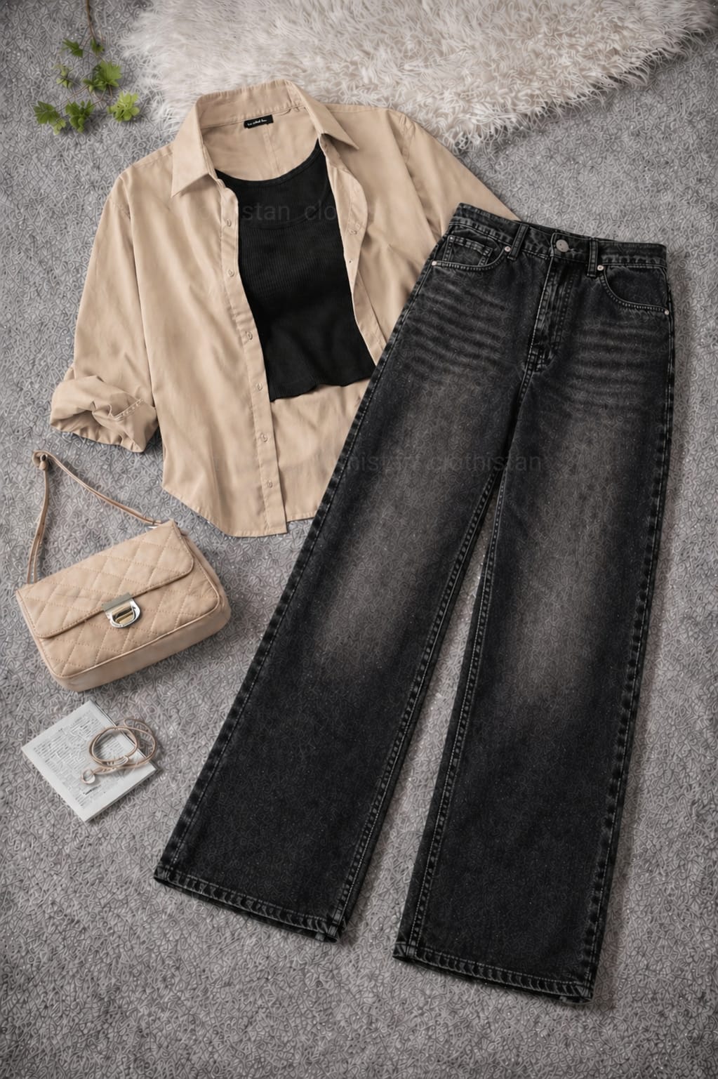 Button-Down Shirt, Black Rib-Knitted Tank Top & Black Vintage Wide-Leg Jeans Pack of Three