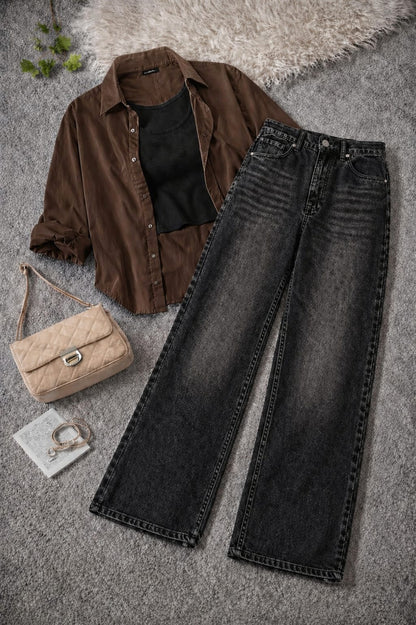 Button-Down Shirt, Black Rib-Knitted Tank Top & Black Vintage Wide-Leg Jeans Pack of Three
