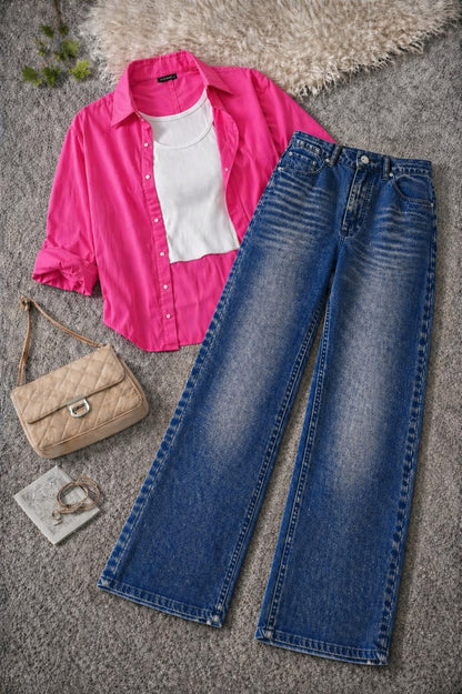 Button-Down Shirt, White Rib-Knitted Tank Top & Dark Mid blue Vintage Wide-Leg Jeans Pack of Three