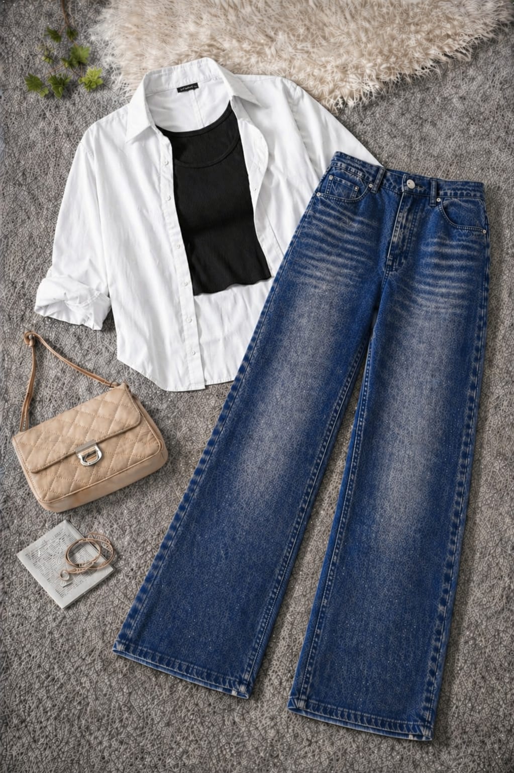 Button-Down Shirt, Black Rib-Knitted Tank Top & Dark Mid blue Vintage Wide-Leg Jeans Pack of Three