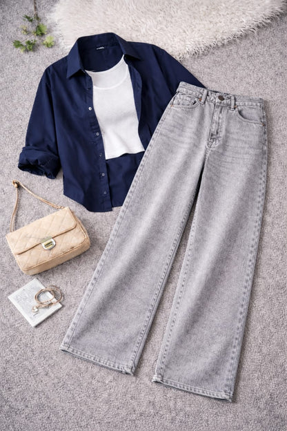 Button-Down Shirt, White Rib-Knitted Tank Top & Grey Vintage Wide-Leg Jeans Pack of Three