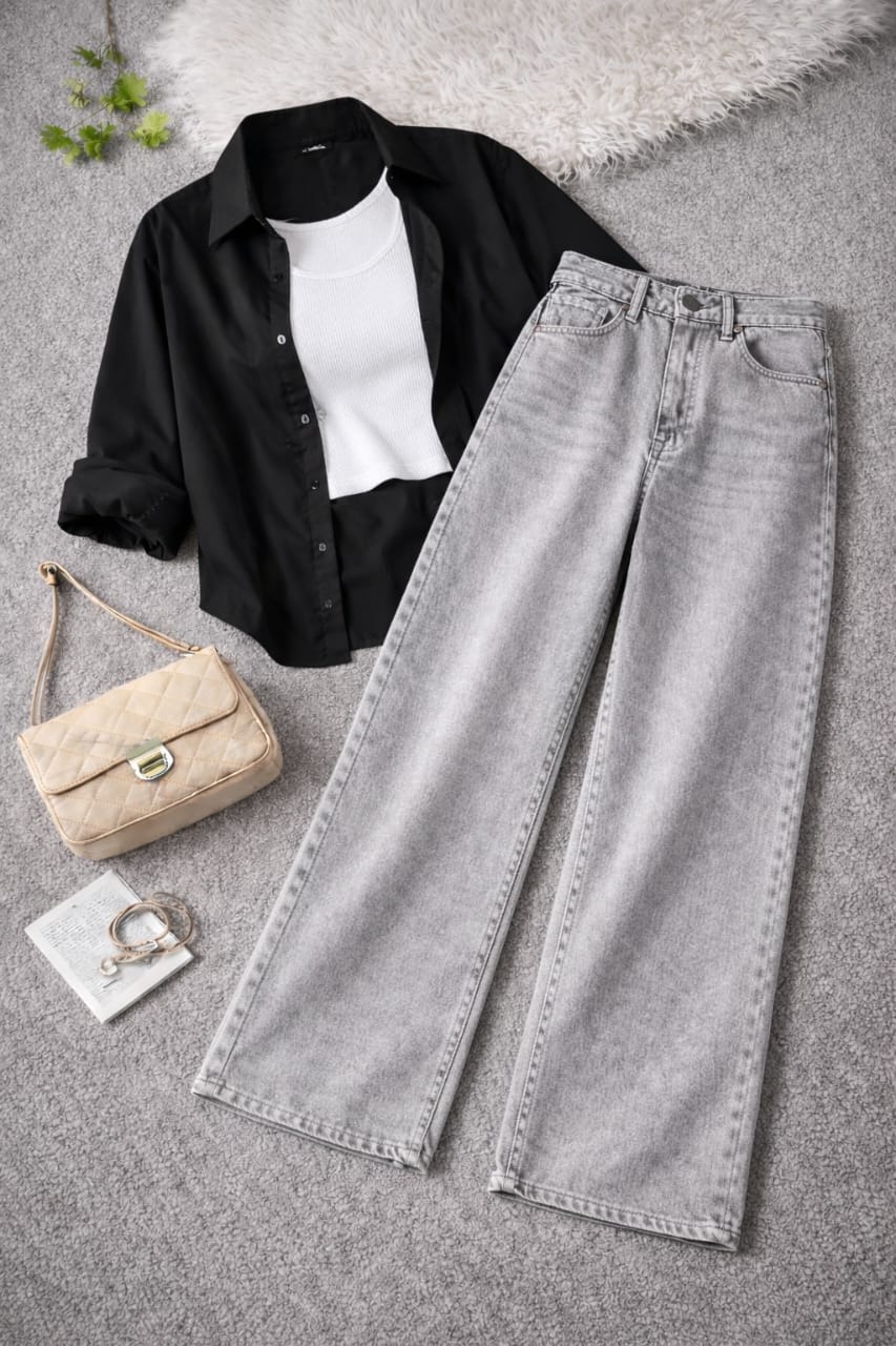 Button-Down Shirt, White Rib-Knitted Tank Top & Grey Vintage Wide-Leg Jeans Pack of Three
