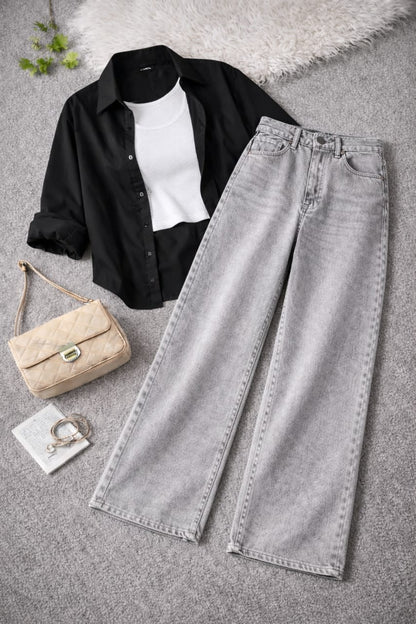 Button-Down Shirt, White Rib-Knitted Tank Top & Grey Vintage Wide-Leg Jeans Pack of Three