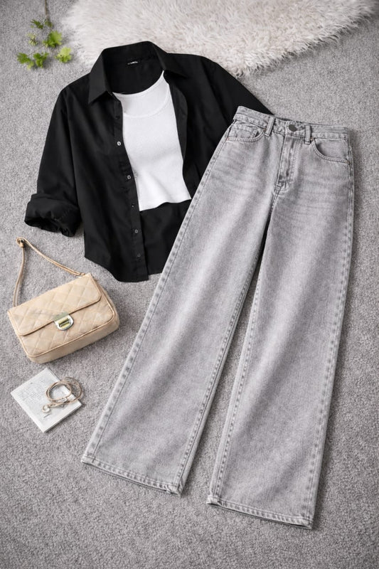 Button-Down Shirt, White Rib-Knitted Tank Top & Grey Vintage Wide-Leg Jeans Pack of Three
