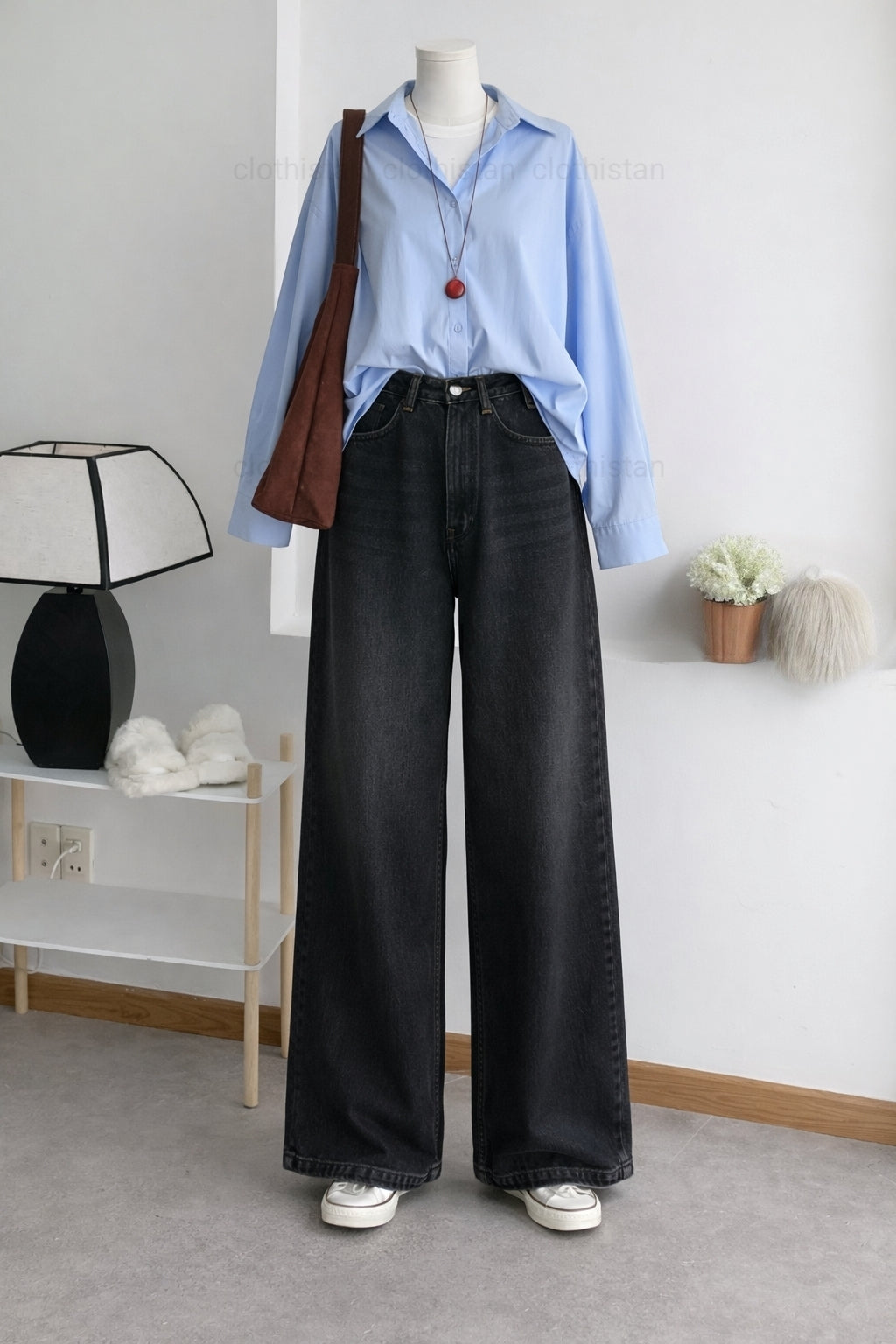 Button-Down Shirt & Black Wide-Leg Vintage Jeans Pack of Two