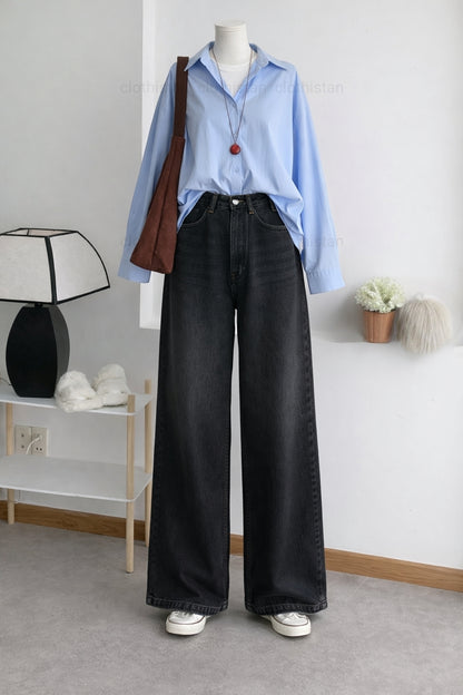 Button-Down Shirt & Black Wide-Leg Vintage Jeans Pack of Two