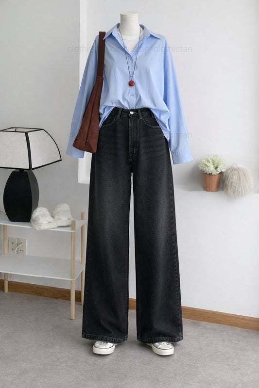 Button-Down Shirt & Black Wide-Leg Vintage Jeans Pack of Two