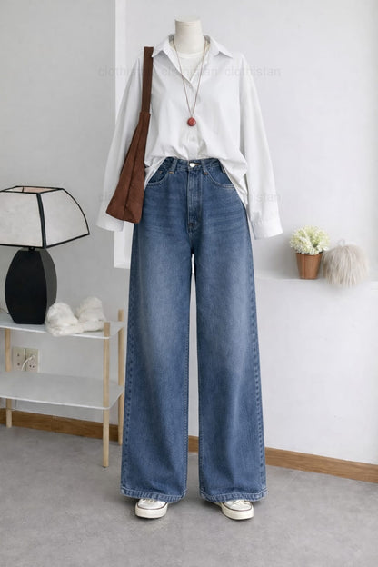 Button-Down Shirt & Mid Blue Wide-Leg Vintage Jeans Pack of Two