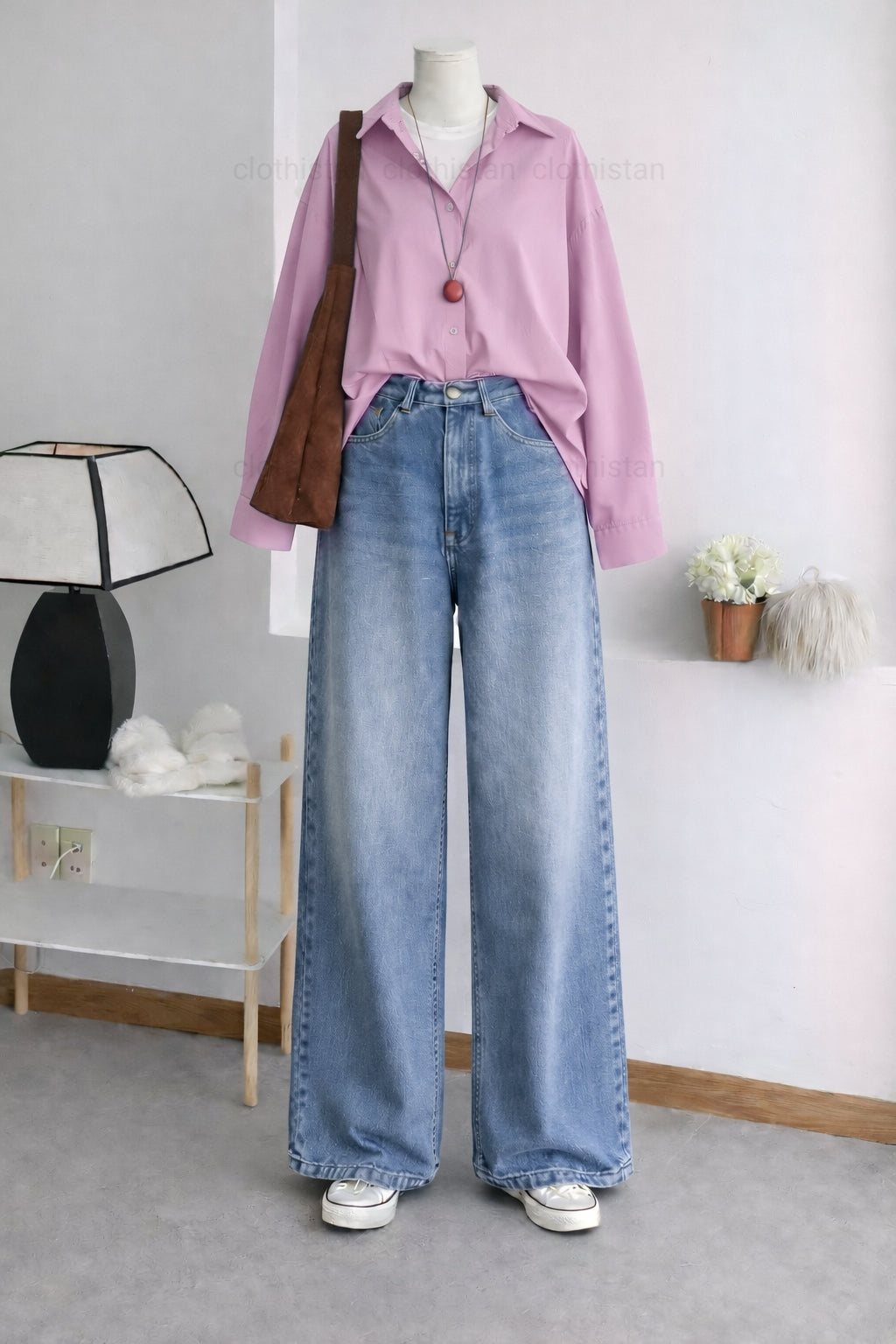 Button-Down Shirt & Ice blue Wide-Leg Vintage Jeans Pack of Two
