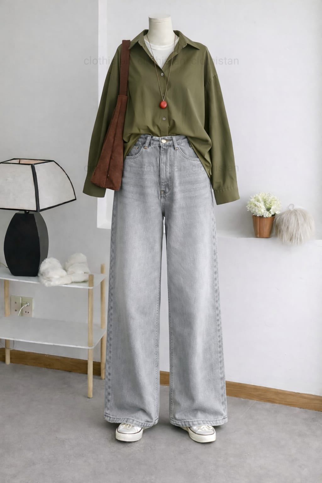 Button-Down Shirt & Grey Wide-Leg Vintage Jeans Pack of Two