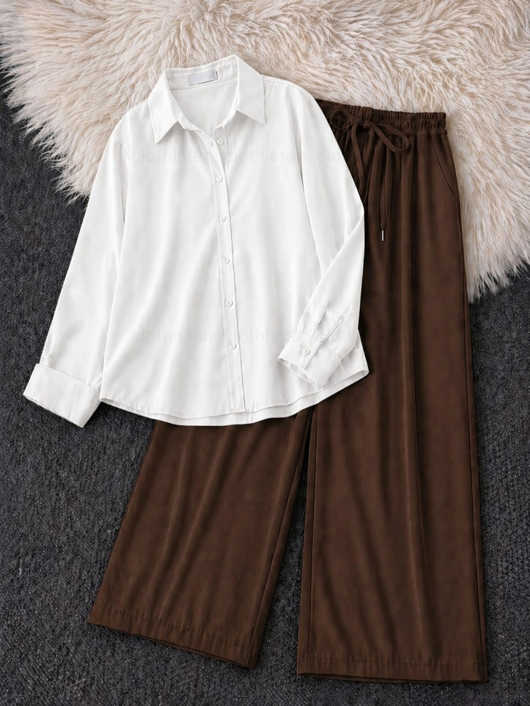 Button-Down Shirt & Brown Wide-Leg Trouser Pack of Two