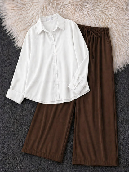 Button-Down Shirt & Brown Wide-Leg Trouser Pack of Two