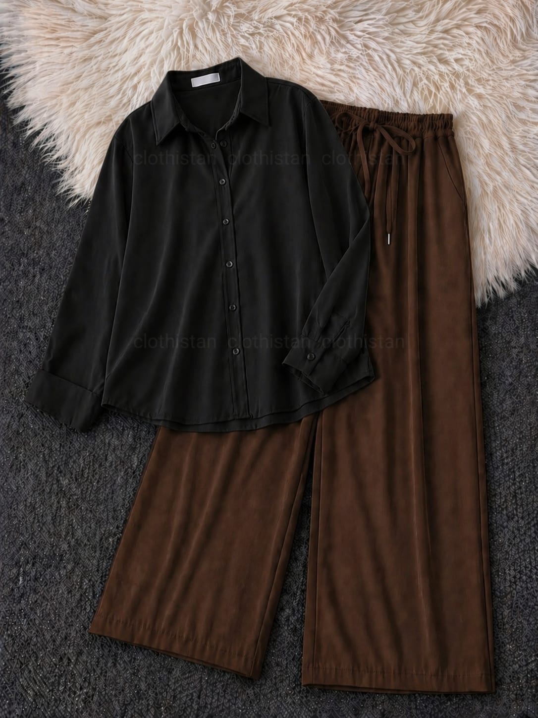 Button-Down Shirt & Brown Wide-Leg Trouser Pack of Two