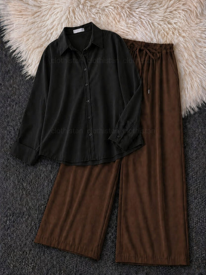 Button-Down Shirt & Brown Wide-Leg Trouser Pack of Two