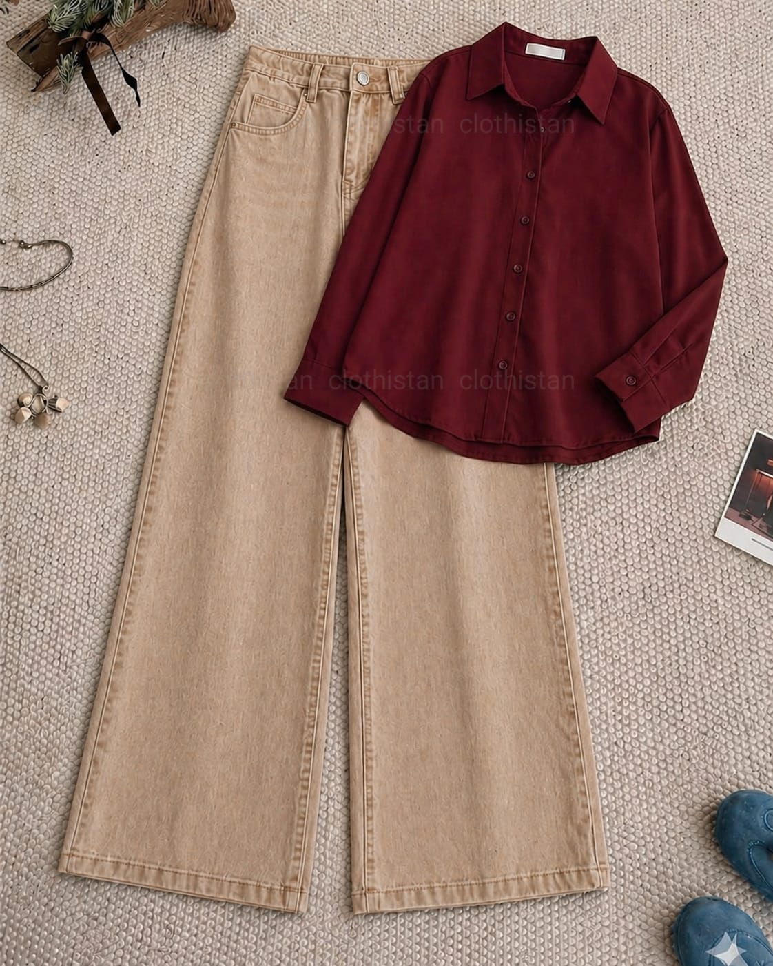 Button-Down Shirt & Beige Wide-Leg Jeans Pack of Two