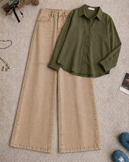 Button-Down Shirt & Beige Wide-Leg Jeans Pack of Two