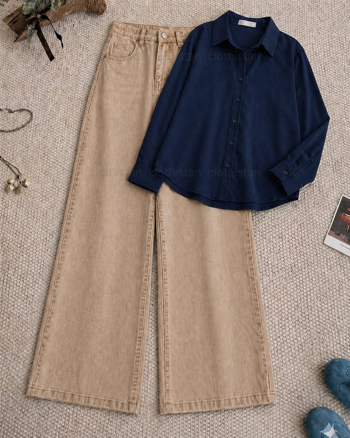 Button-Down Shirt & Beige Wide-Leg Jeans Pack of Two