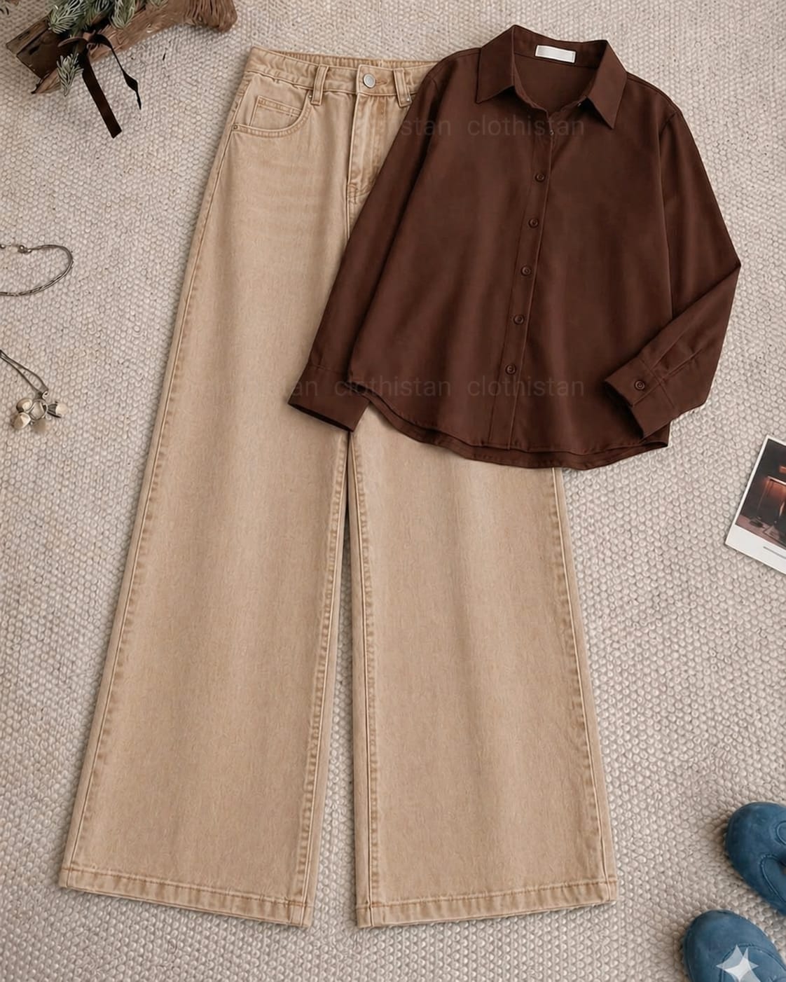 Button-Down Shirt & Beige Wide-Leg Jeans Pack of Two