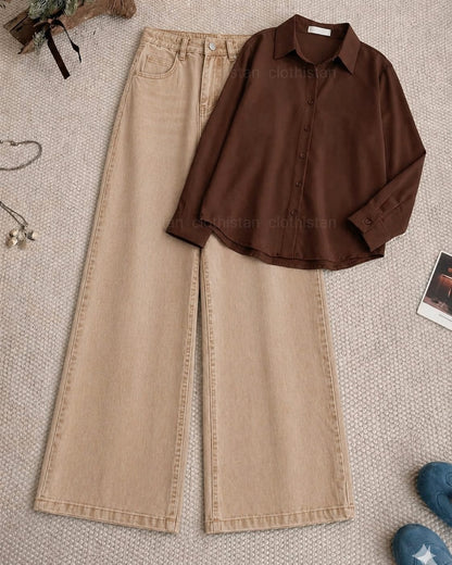 Button-Down Shirt & Beige Wide-Leg Jeans Pack of Two