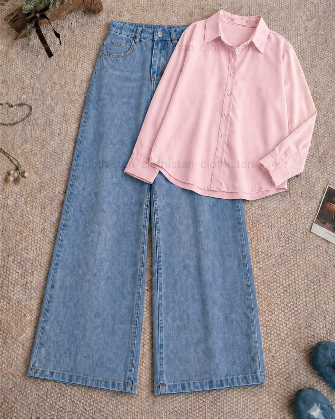 Button-Down Shirt & Sky blue Wide-Leg Jeans Pack of Two