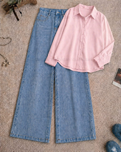 Button-Down Shirt & Sky blue Wide-Leg Jeans Pack of Two