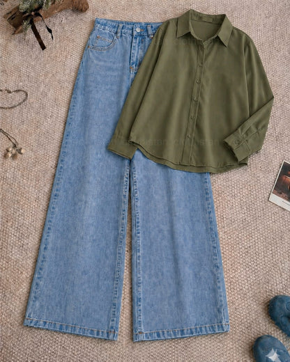 Button-Down Shirt & Sky blue Wide-Leg Jeans Pack of Two