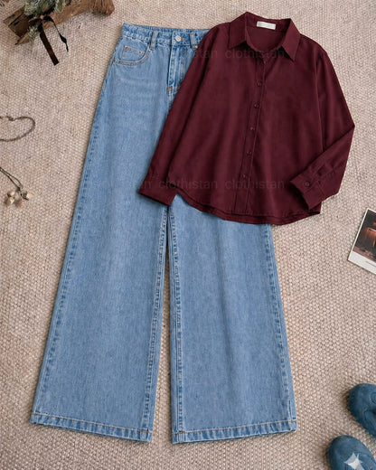Button-Down Shirt & Sky blue Wide-Leg Jeans Pack of Two