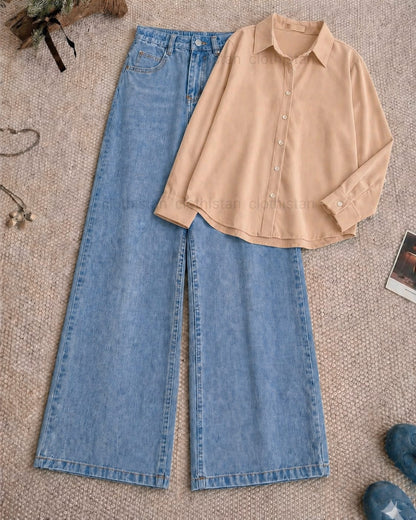 Button-Down Shirt & Sky blue Wide-Leg Jeans Pack of Two