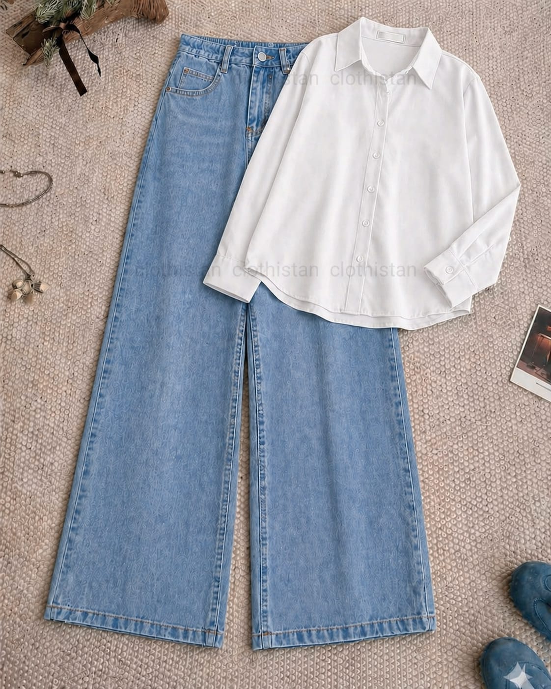 Button-Down Shirt & Sky blue Wide-Leg Jeans Pack of Two